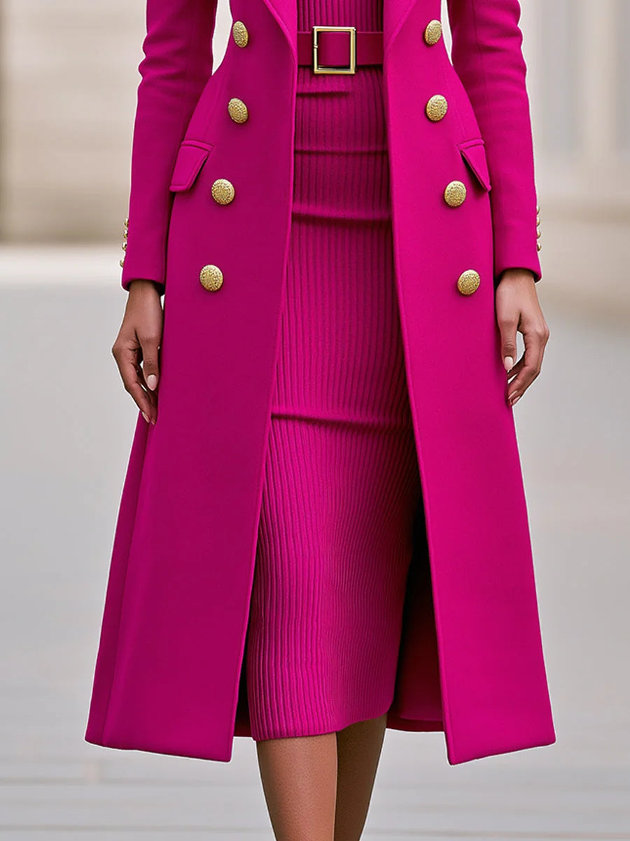Rose Red Women's Double-Breasted Coat Dress Set with Belted Knit Midi Dress - Close Up Buttons