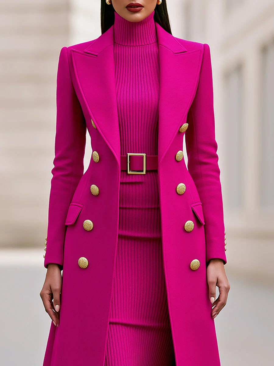 Rose Red Women's Double-Breasted Coat Dress Set with Belted Knit Midi Dress - Close Up Torso