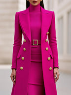 Rose Red Women's Double-Breasted Coat Dress Set with Belted Knit Midi Dress - Close Up Torso
