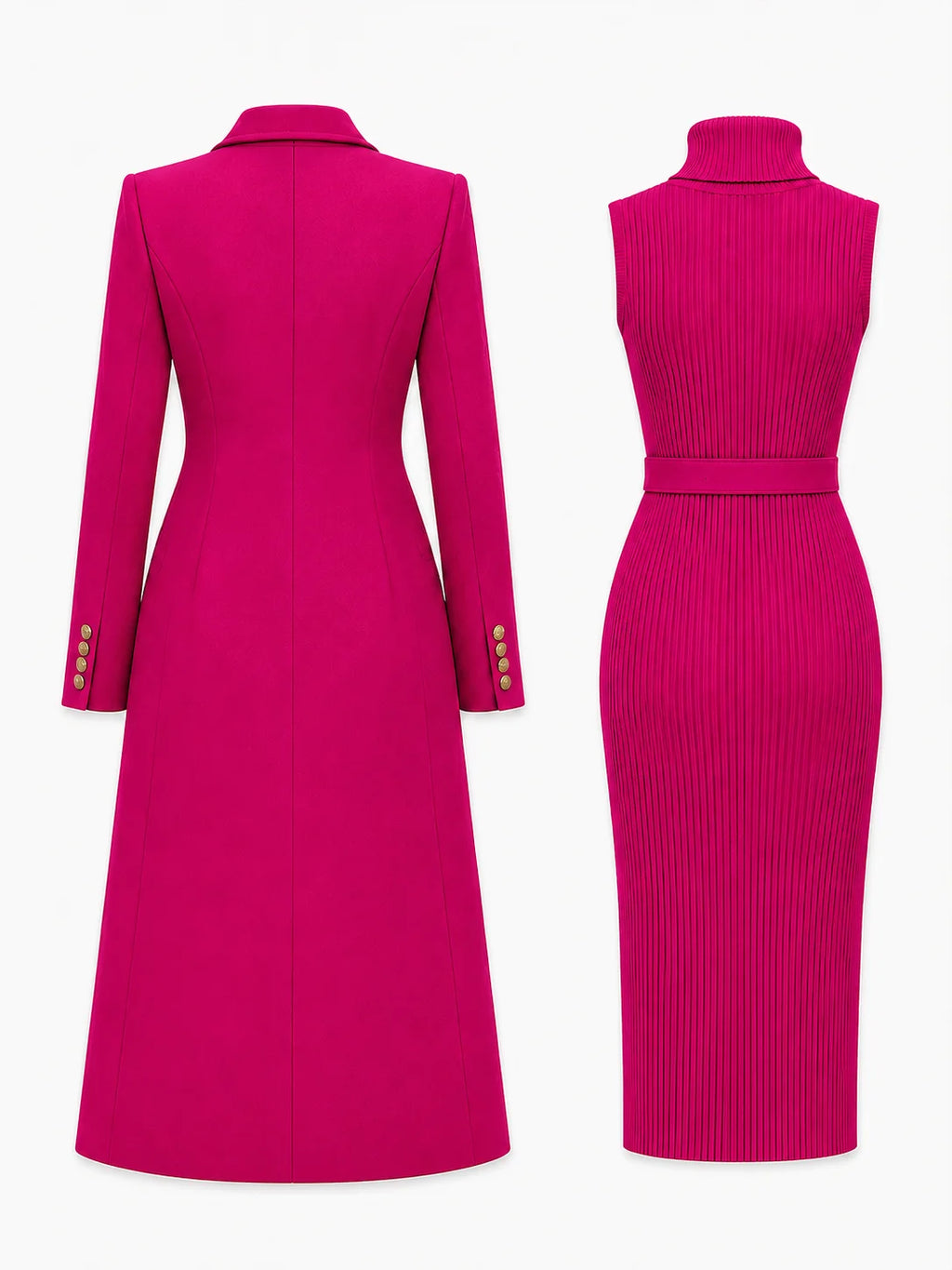 Rose Red Women's Double-Breasted Coat Dress Set with Belted Knit Midi Dress - Flat Lay Back