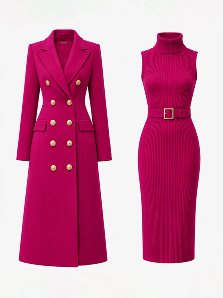 Rose Red Women's Double-Breasted Coat Dress Set with Belted Knit Midi Dress - Flat Lay Set