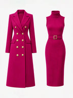 Rose Red Women's Double-Breasted Coat Dress Set with Belted Knit Midi Dress - Flat Lay Set