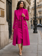 Rose Red Women's Double-Breasted Coat Dress Set with Belted Knit Midi Dress - Front Full Walking
