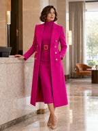 Rose Red Women's Double-Breasted Coat Dress Set with Belted Knit Midi Dress - Lobby Walking