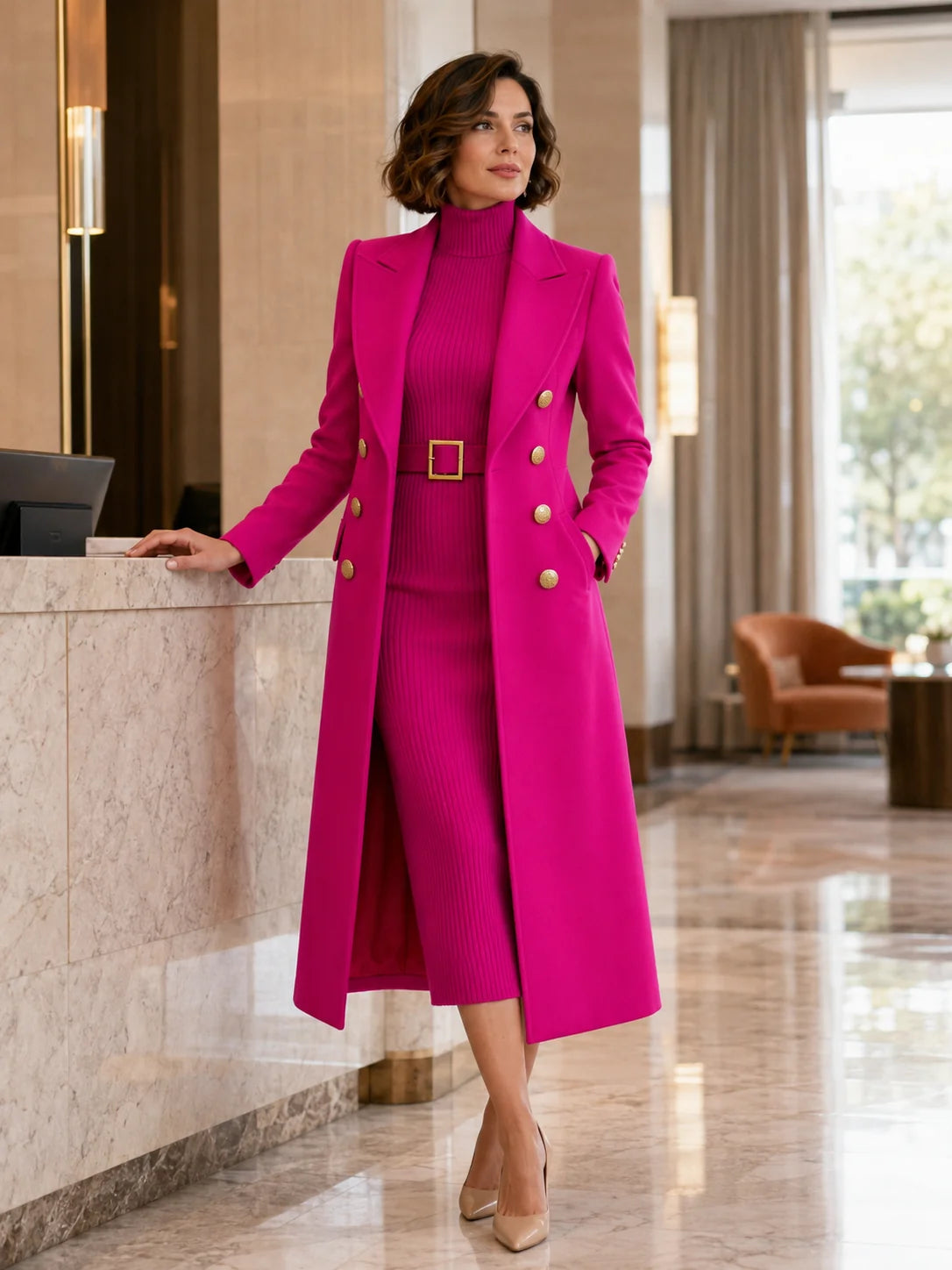 Rose Red Women's Double-Breasted Coat Dress Set with Belted Knit Midi Dress - Lobby Walking