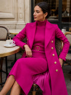 Rose Red Women's Double-Breasted Coat Dress Set with Belted Knit Midi Dress - Seated Cafe