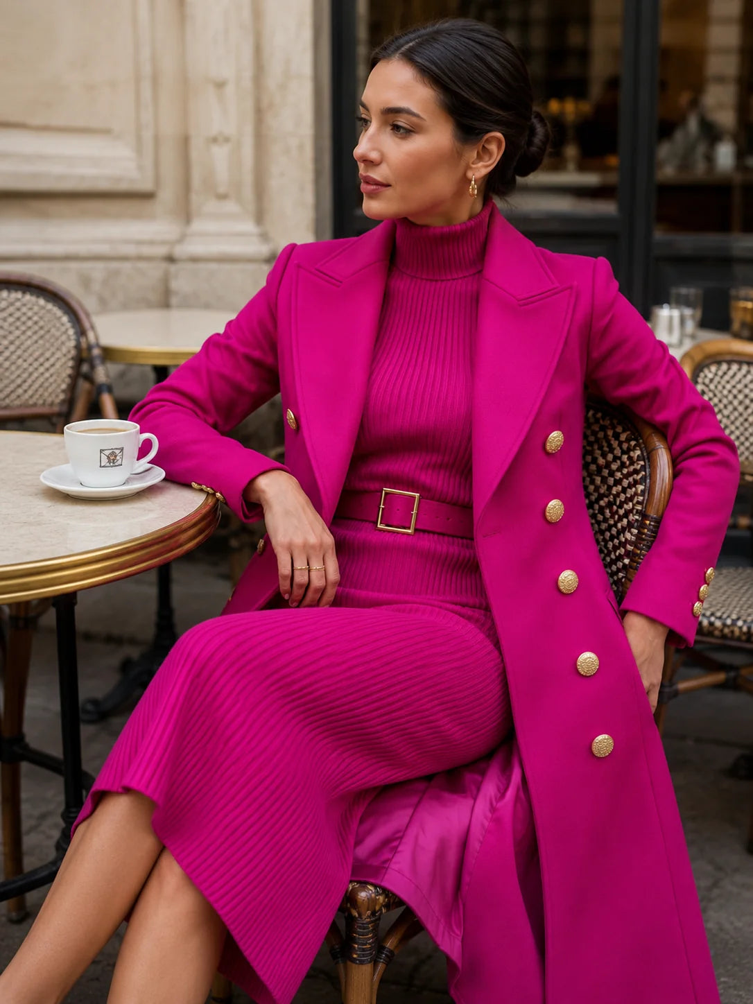 Rose Red Women's Double-Breasted Coat Dress Set with Belted Knit Midi Dress - Seated Cafe