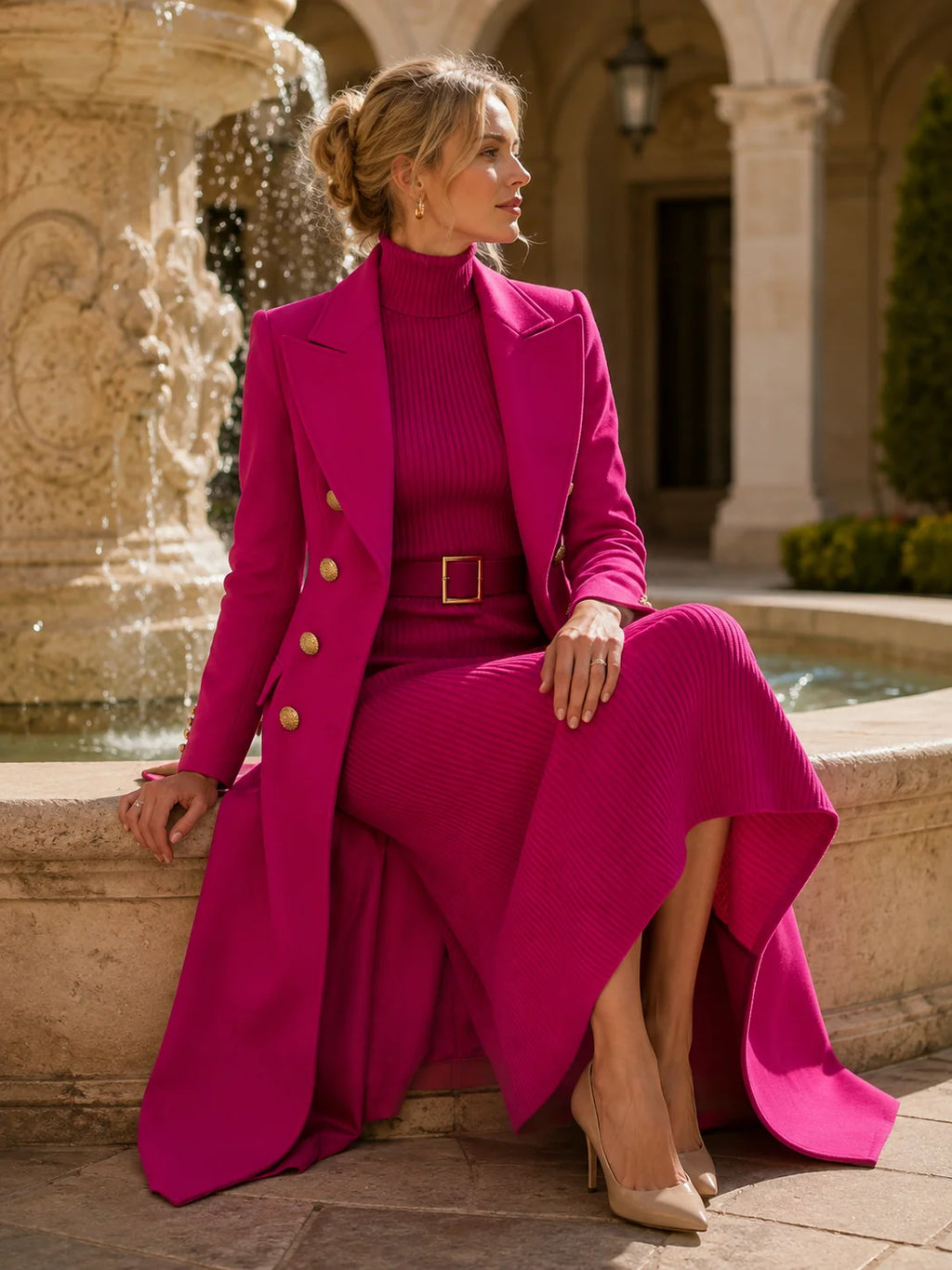 Rose Red Women's Double-Breasted Coat Dress Set with Belted Knit Midi Dress - Seated Fountain