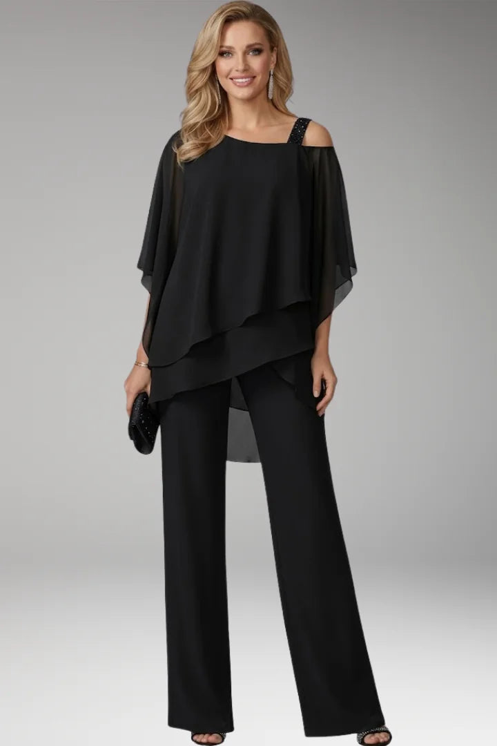 Black Women's Cold Shoulder Jumpsuit — Phoebe Tiered Cape Overlay Wide-Leg - Front Full Alt