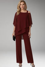 Burgundy Women's Cold Shoulder Jumpsuit — Phoebe Tiered Cape Overlay Wide-Leg - Front Full Deep
