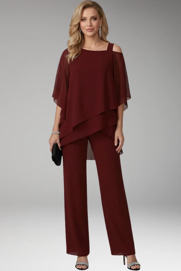 Burgundy Women's Cold Shoulder Jumpsuit — Phoebe Tiered Cape Overlay Wide-Leg - Front Full Deep