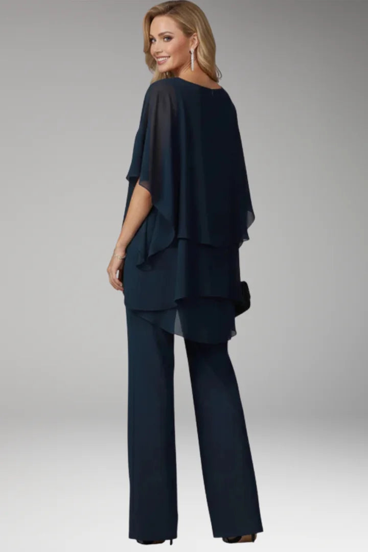 Navy Blue Women's Cold Shoulder Jumpsuit — Phoebe Tiered Cape Overlay Wide-Leg - Back Full