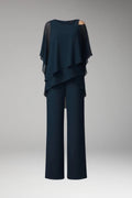 Women's Cold Shoulder Jumpsuit — Phoebe Tiered Cape Overlay Wide-Leg