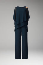 Navy Blue Women's Cold Shoulder Jumpsuit — Phoebe Tiered Cape Overlay Wide-Leg - Front Flat