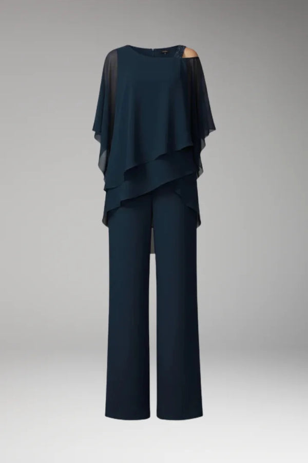 Navy Blue Women's Cold Shoulder Jumpsuit — Phoebe Tiered Cape Overlay Wide-Leg - Front Flat