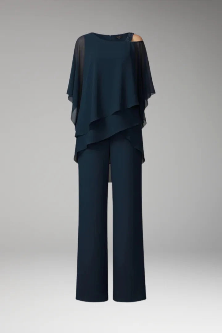 Navy Blue Women's Cold Shoulder Jumpsuit — Phoebe Tiered Cape Overlay Wide-Leg - Front Flat