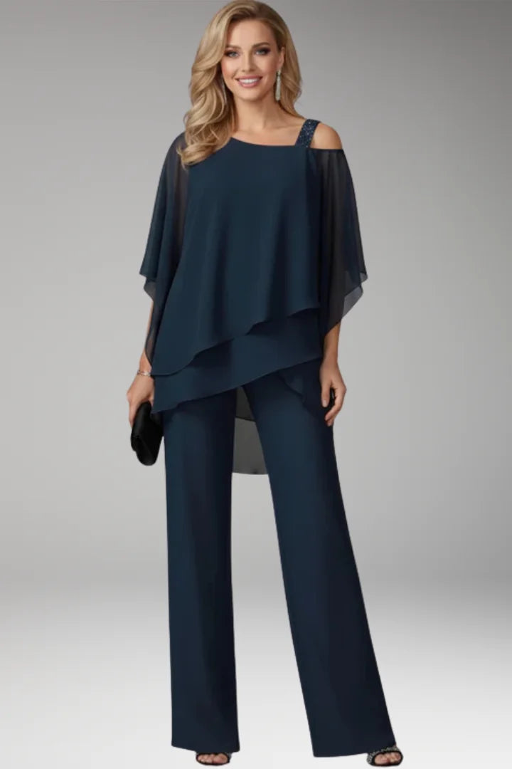 Navy Blue Women's Cold Shoulder Jumpsuit — Phoebe Tiered Cape Overlay Wide-Leg - Front Full