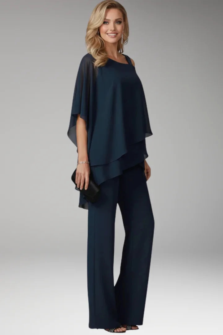Navy Blue Women's Cold Shoulder Jumpsuit — Phoebe Tiered Cape Overlay Wide-Leg - Side Pose
