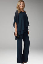 Navy Blue Women's Cold Shoulder Jumpsuit — Phoebe Tiered Cape Overlay Wide-Leg - Side Pose