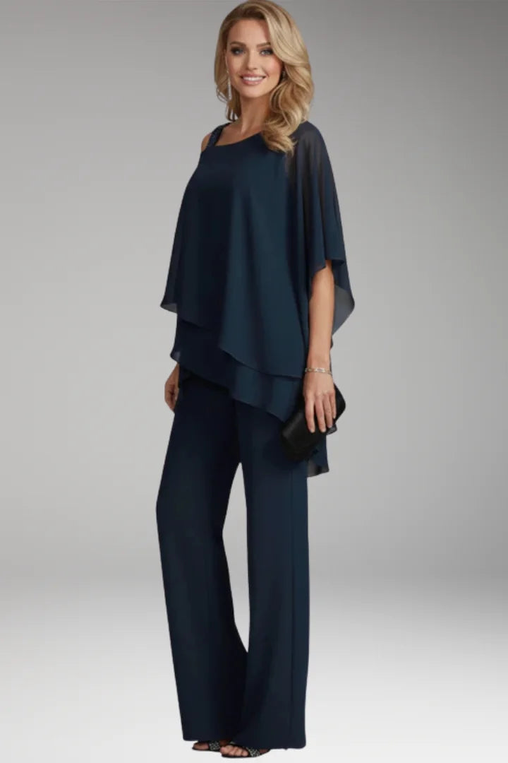 Navy Blue Women's Cold Shoulder Jumpsuit — Phoebe Tiered Cape Overlay Wide-Leg - Three Quarter Pose