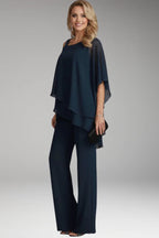 Navy Blue Women's Cold Shoulder Jumpsuit — Phoebe Tiered Cape Overlay Wide-Leg - Three Quarter Pose