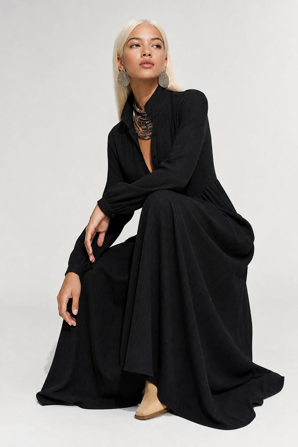 Black Women's Collared A-Line Maxi Dress with Long Sleeves & Relaxed Fit — Tess - Seated Floor Pose