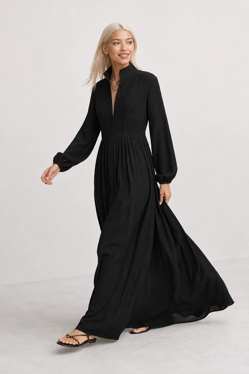 Black Women's Collared A-Line Maxi Dress with Long Sleeves & Relaxed Fit — Tess - Walking Motion