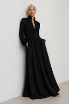 Black Women's Collared A-Line Maxi Dress with Long Sleeves & Relaxed Fit — Tess
