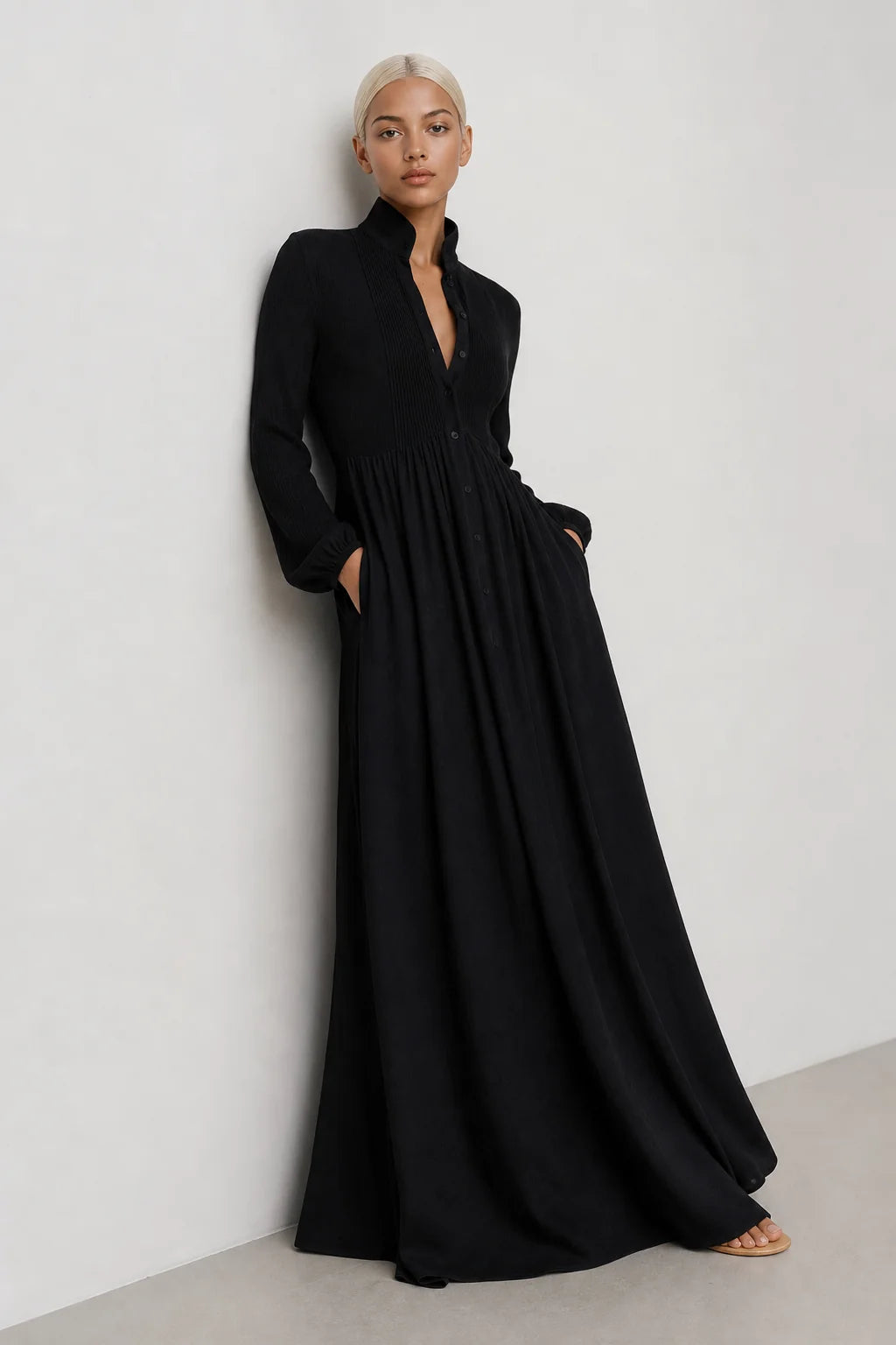 Black Women's Collared A-Line Maxi Dress with Long Sleeves & Relaxed Fit — Tess