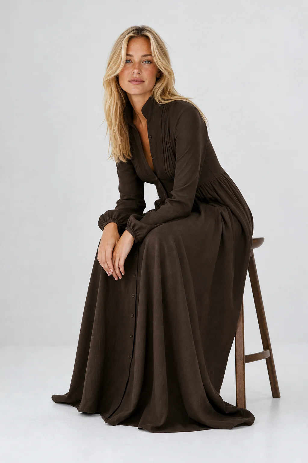 Brown Women's Collared A-Line Maxi Dress with Long Sleeves & Relaxed Fit — Tess - Seated Stool Pose