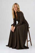 Brown Women's Collared A-Line Maxi Dress with Long Sleeves & Relaxed Fit — Tess - Seated Stool Pose