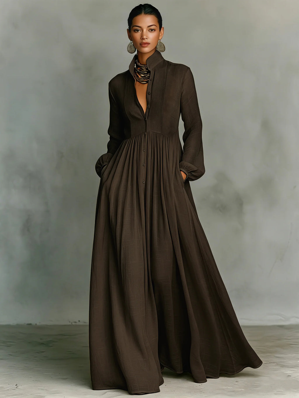Brown Women's Collared A-Line Maxi Dress with Long Sleeves & Relaxed Fit — Tess - Studio Front Detail