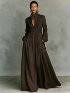 Brown Women's Collared A-Line Maxi Dress with Long Sleeves & Relaxed Fit — Tess - Studio Front Detail