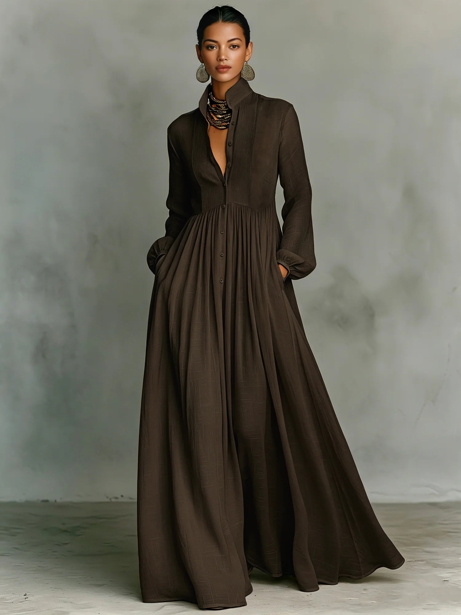 Brown Women's Collared A-Line Maxi Dress with Long Sleeves & Relaxed Fit — Tess - Studio Front Detail
