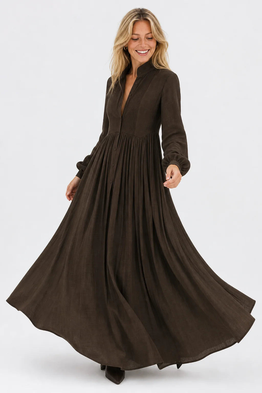 Brown Women's Collared A-Line Maxi Dress with Long Sleeves & Relaxed Fit — Tess - Twirling Motion