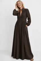 Brown Women's Collared A-Line Maxi Dress with Long Sleeves & Relaxed Fit — Tess