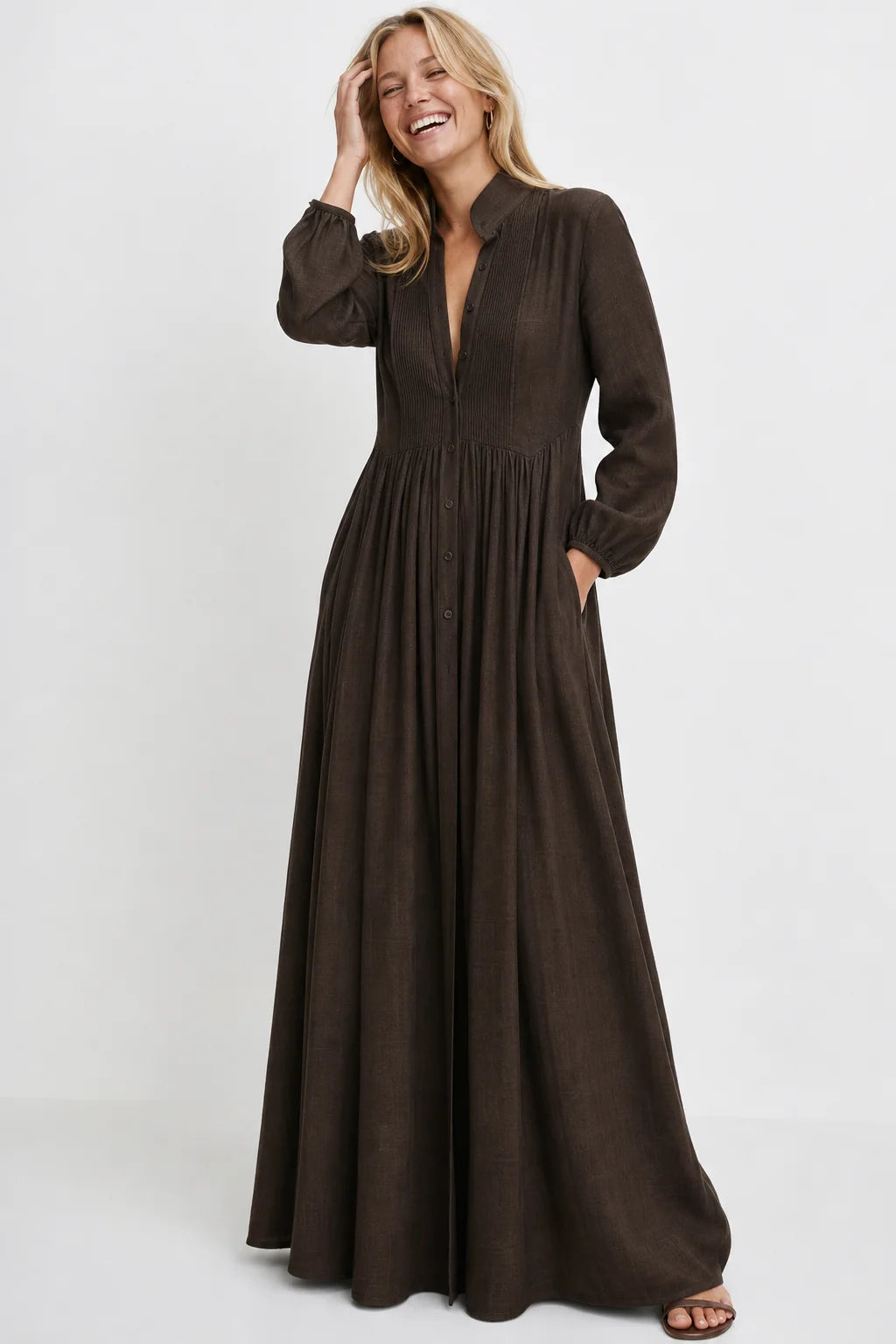 Brown Women's Collared A-Line Maxi Dress with Long Sleeves & Relaxed Fit — Tess