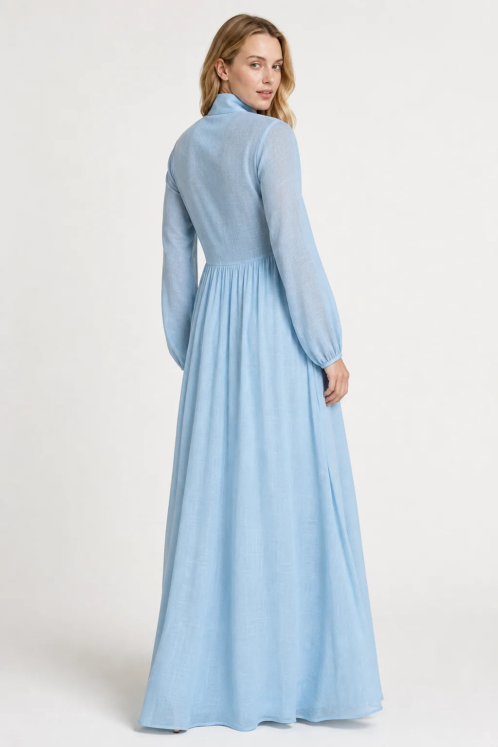 Light Blue Women's Collared A-Line Maxi Dress with Long Sleeves & Relaxed Fit — Tess - Back View