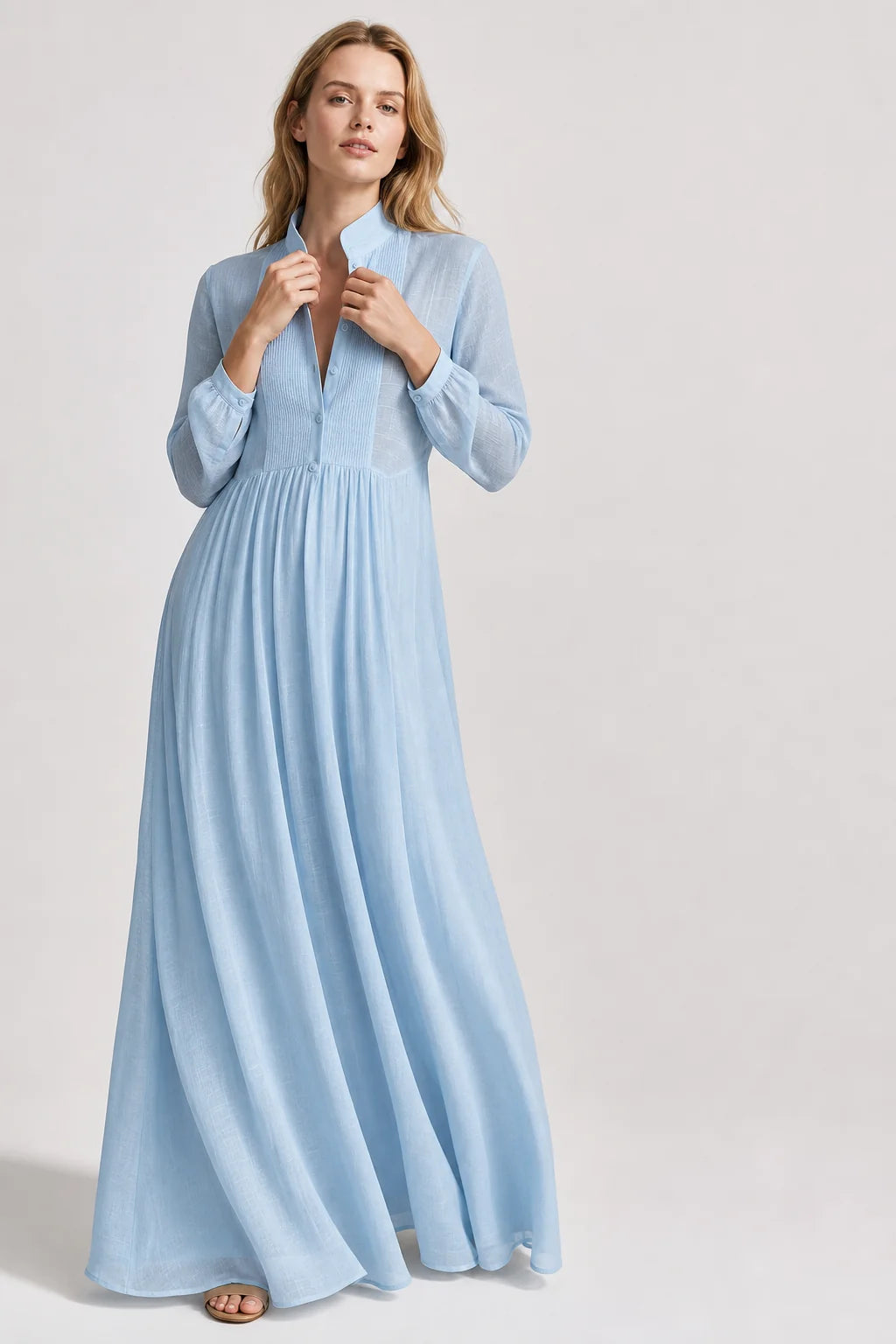 Light Blue Women's Collared A-Line Maxi Dress with Long Sleeves & Relaxed Fit — Tess - Front Collar Detail