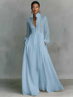 Light Blue Women's Collared A-Line Maxi Dress with Long Sleeves & Relaxed Fit — Tess - Studio Front Pose