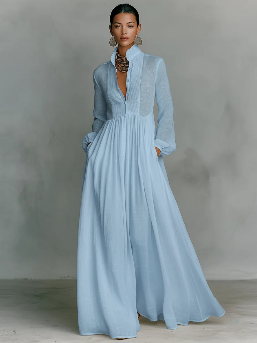 Light Blue Women's Collared A-Line Maxi Dress with Long Sleeves & Relaxed Fit — Tess - Studio Front Pose