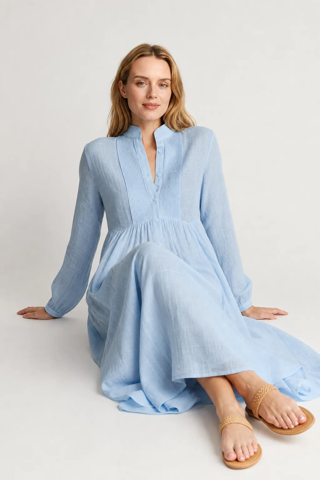 Light Blue Women's Collared A-Line Maxi Dress with Long Sleeves & Relaxed Fit — Tess