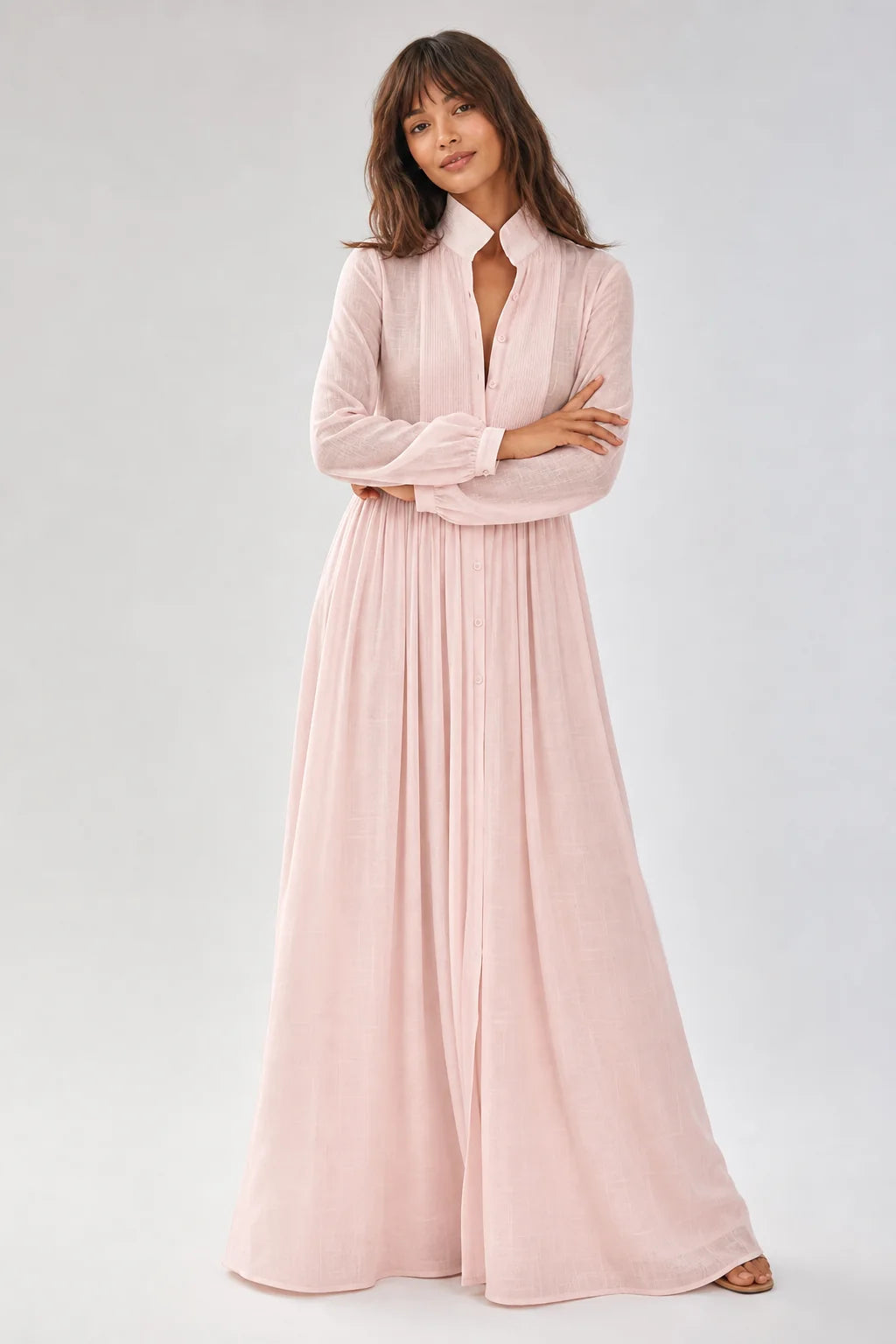 Pink Women's Collared A-Line Maxi Dress with Long Sleeves & Relaxed Fit — Tess - Arms Crossed Pose