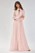 Pink Women's Collared A-Line Maxi Dress with Long Sleeves & Relaxed Fit — Tess - Arms Crossed Pose