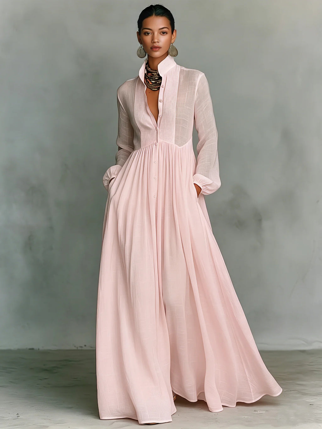 Pink Women's Collared A-Line Maxi Dress with Long Sleeves & Relaxed Fit — Tess - Studio Front Walk
