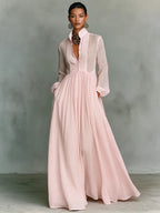 Pink Women's Collared A-Line Maxi Dress with Long Sleeves & Relaxed Fit — Tess - Studio Front Walk