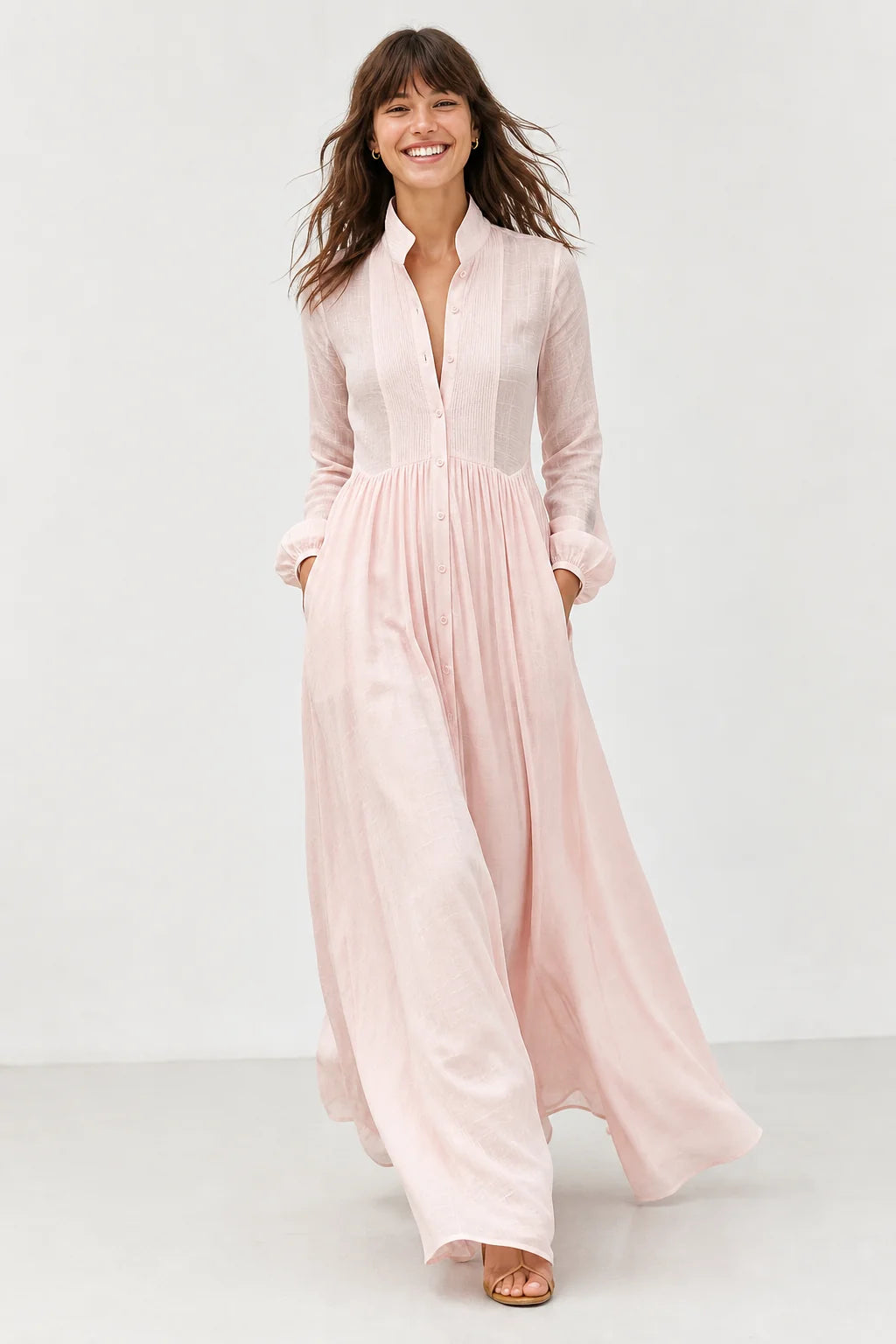 Pink Women's Collared A-Line Maxi Dress with Long Sleeves & Relaxed Fit — Tess - Walking Smile