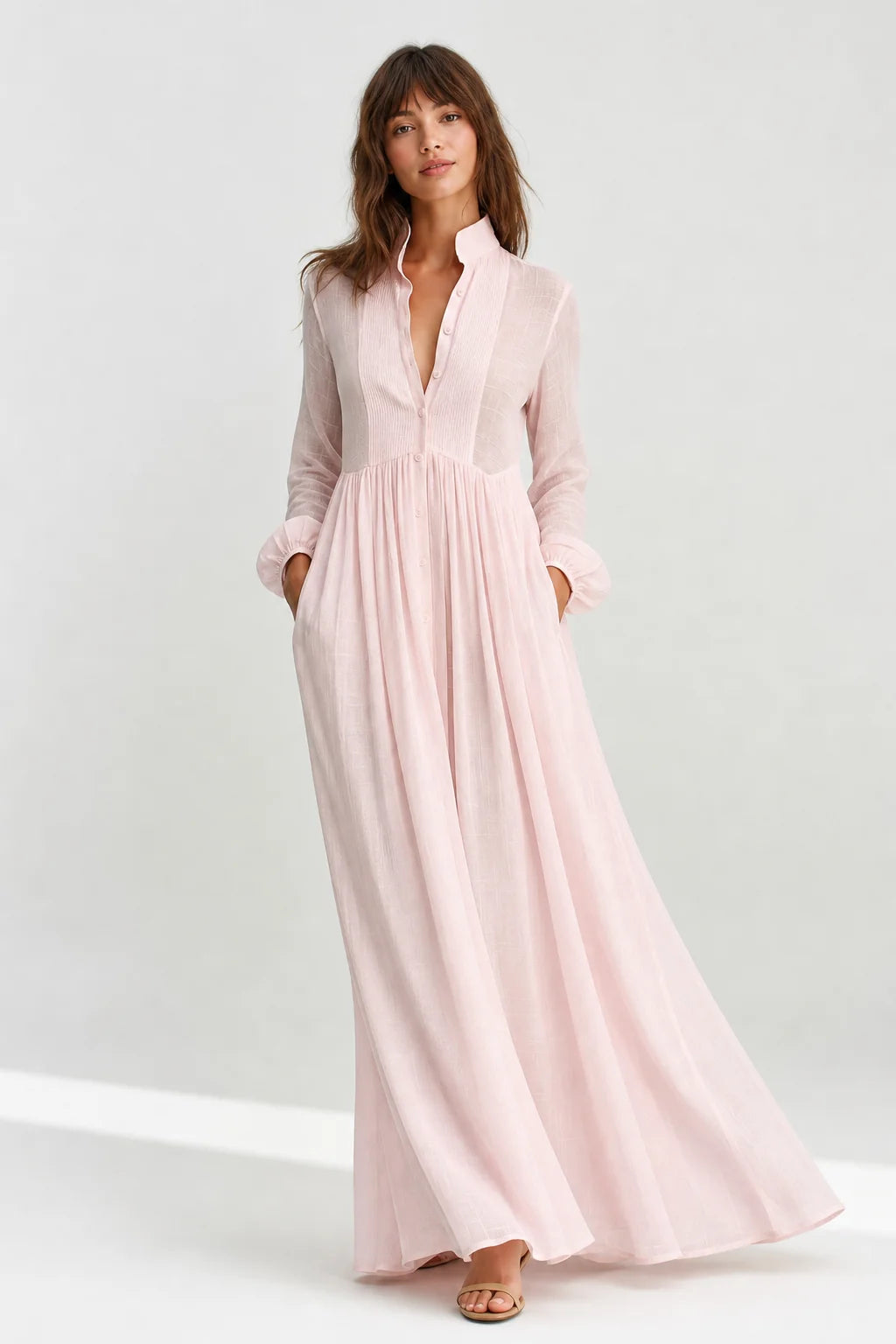 Pink Women's Collared A-Line Maxi Dress with Long Sleeves & Relaxed Fit — Tess