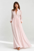 Pink Women's Collared A-Line Maxi Dress with Long Sleeves & Relaxed Fit — Tess