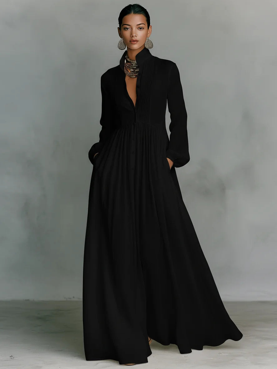 Women's Collared A-Line Maxi Dress with Long Sleeves & Relaxed Fit — Tess
